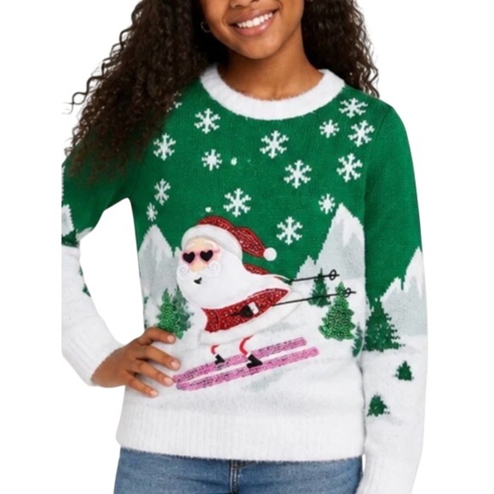 Holiday Time Girls Green Skiing Santa Sequin Ugly Christmas Sweater L 10-12 Plus